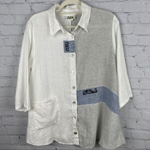 ODILE 100% linen button down white blue contrast shirt top, size S